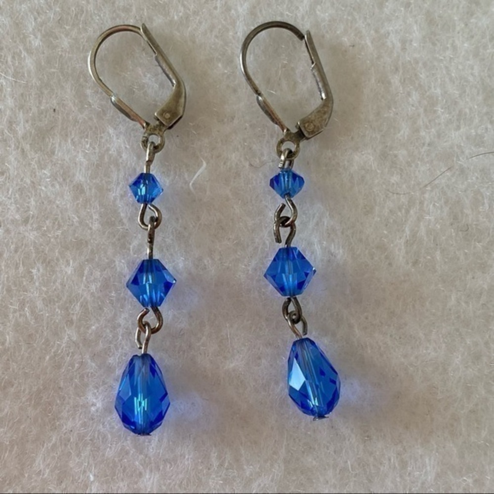HAND Crafted 925 Silver Sapphire Blue Crystal Beaded Ball Drop Earrings NEW